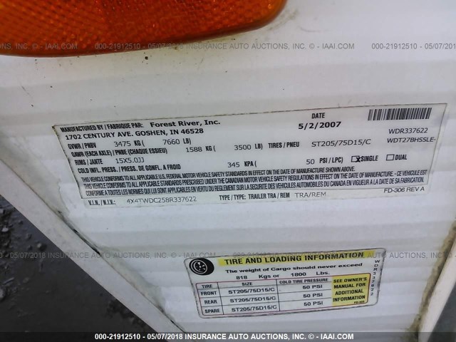 4X4TWDC258R337622 - 2008 FOREST RIVER WILDWOOD  未知 照片 9