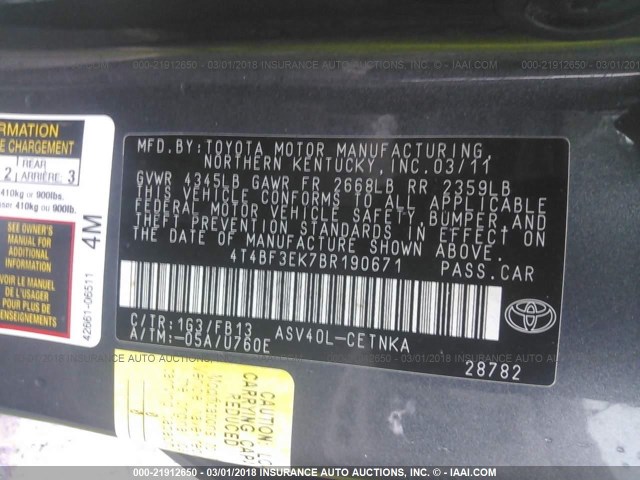 4T4BF3EK7BR190671 - 2011 TOYOTA CAMRY SE/LE/XLE GRAY photo 9