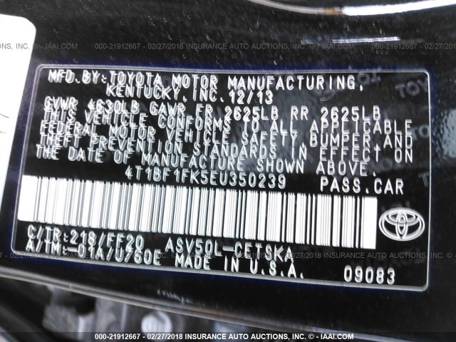 4T1BF1FK5EU350239 - 2014 TOYOTA CAMRY L/SE/LE/XLE 黑色 照片 9