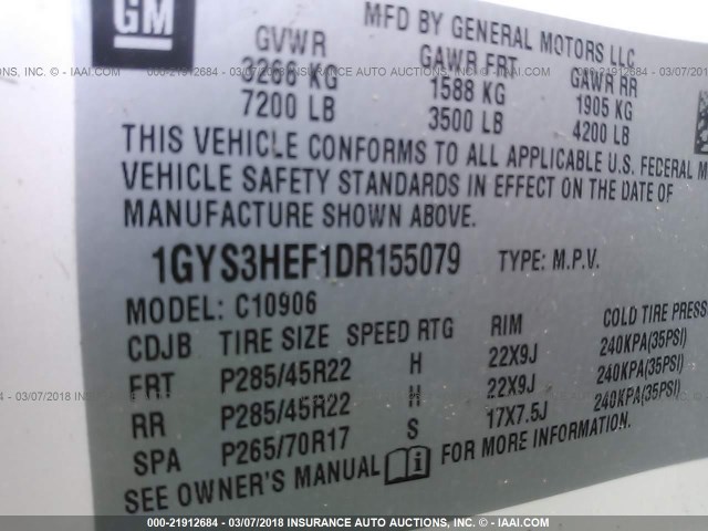 1GYS3HEF1DR155079 - 2013 CADILLAC ESCALADE ESV LUXURY CREAM photo 9