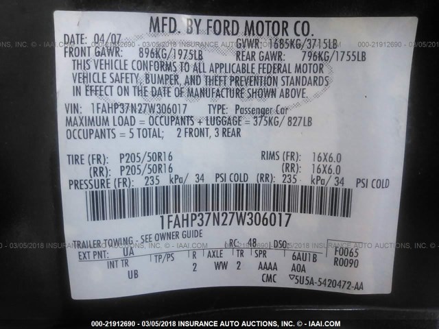 1FAHP37N27W306017 - 2007 FORD FOCUS ZX5/S/SE/SES 黑色 照片 9