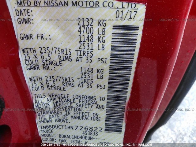 1N6BD0CT1HN726822 - 2017 NISSAN FRONTIER S/SV RED photo 9