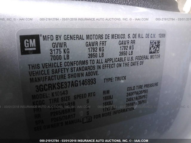 3GCRKSE37AG146893 - 2010 CHEVROLET SILVERADO K1500 LT SILVER photo 9