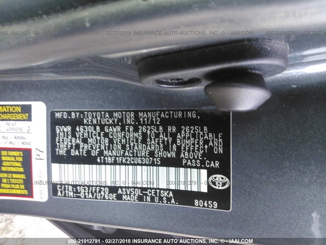 4T1BF1FK2CU630715 - 2012 TOYOTA CAMRY SE/LE/XLE GRAY photo 9