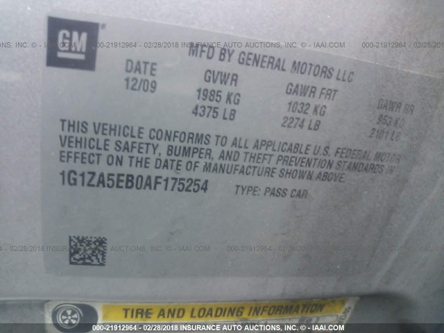 1G1ZA5EB0AF175254 - 2010 CHEVROLET MALIBU LS 银色 照片 9