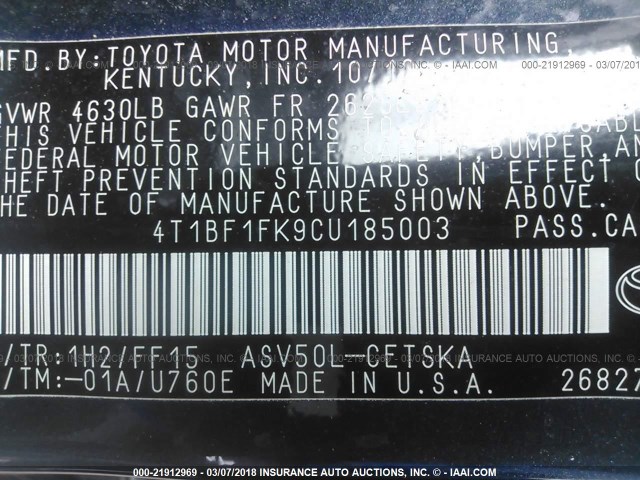 4T1BF1FK9CU185003 - 2012 TOYOTA CAMRY SE/LE/XLE BLACK photo 9