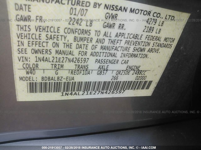 1N4AL21E27N426597 - 2007 NISSAN ALTIMA 2.5/2.5S GRAY photo 9