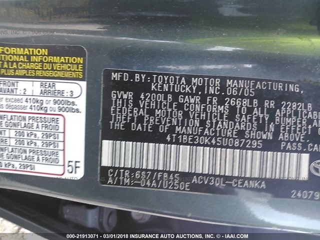 4T1BE30K45U087295 - 2005 TOYOTA CAMRY LE/XLE/SE GREEN photo 9