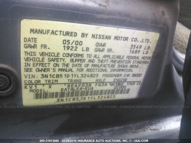 3N1CB51D1YL324825 - 2000 NISSAN SENTRA XE/GXE GRAY photo 9