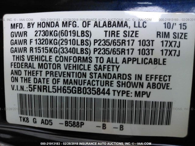 5FNRL5H65GB035844 - 2016 HONDA ODYSSEY EXL BLUE photo 9