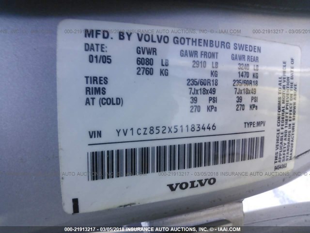 YV1CZ852X51183446 - 2005 VOLVO XC90 V8 SILVER photo 9