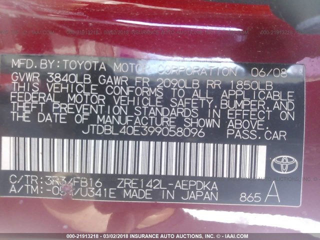 JTDBL40E399058096 - 2009 TOYOTA COROLLA LE/XLE RED photo 9