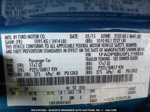 1FADP5BU0FL115558 - 2015 FORD C-MAX SEL BLUE photo 9