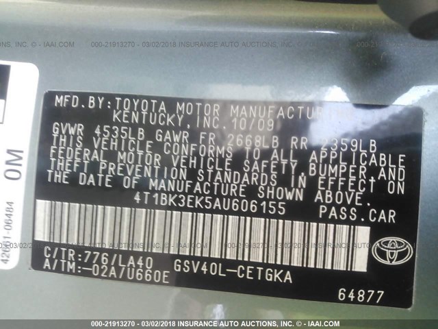 4T1BK3EK5AU606155 - 2010 TOYOTA CAMRY SE/LE/XLE TEAL photo 9