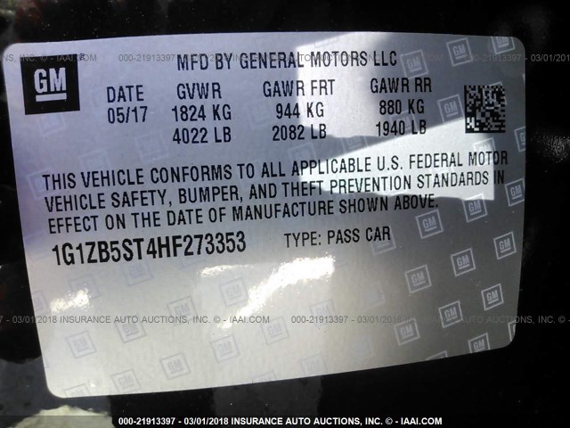 1G1ZB5ST4HF273353 - 2017 CHEVROLET MALIBU LS 黑色 照片 9