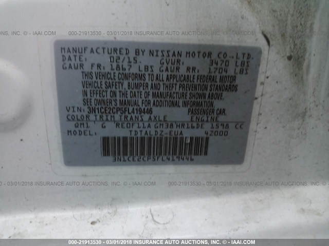 3N1CE2CP5FL419446 - 2015 NISSAN VERSA NOTE S/S PLUS/SV/SL/SR WHITE photo 9