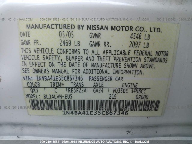 1N4BA41E35C867346 - 2005 NISSAN MAXIMA SE/SL WHITE photo 9