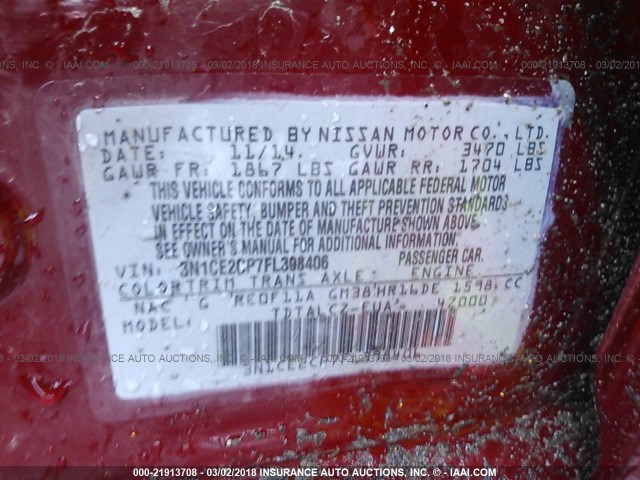 3N1CE2CP7FL398406 - 2015 NISSAN VERSA NOTE S/S PLUS/SV/SL/SR RED photo 9