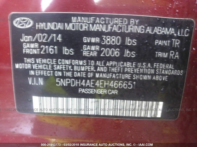 5NPDH4AE4EH466651 - 2014 HYUNDAI ELANTRA SE/SPORT/LIMITED RED photo 9