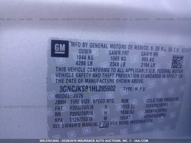 3GNCJKSB1HL285902 - 2017 CHEVROLET TRAX LS SILVER photo 9