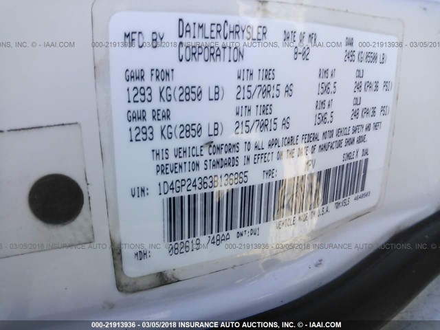 1D4GP24363B136865 - 2003 DODGE GRAND CARAVAN SE WHITE photo 9