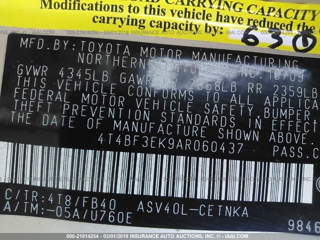 4T4BF3EK9AR060437 - 2010 TOYOTA CAMRY SE/LE/XLE GOLD photo 9