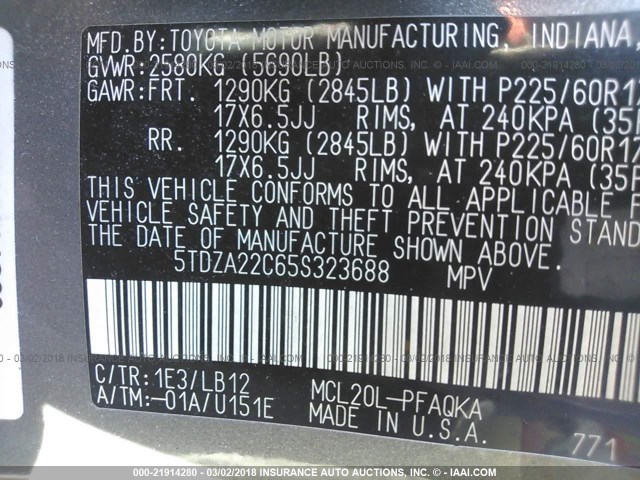 5TDZA22C65S323688 - 2005 TOYOTA SIENNA XLE/XLE LIMITED GRAY photo 9