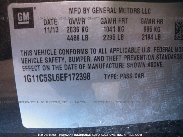 1G11C5SL6EF172398 - 2014 CHEVROLET MALIBU 1LT BLACK photo 9