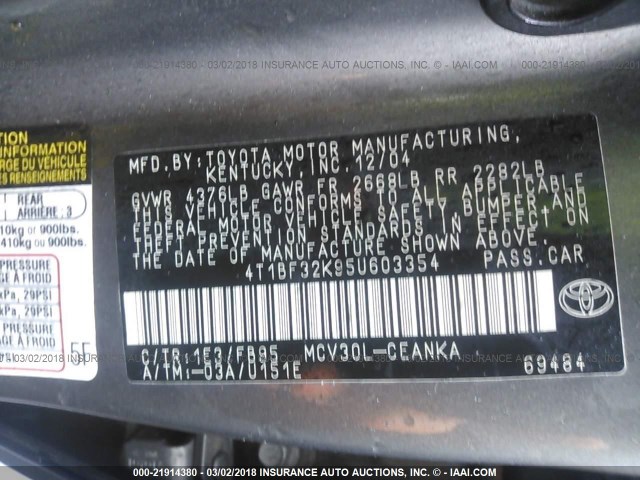 4T1BF32K95U603354 - 2005 TOYOTA CAMRY LE/XLE/SE ნაცრისფერი ფოტო 9