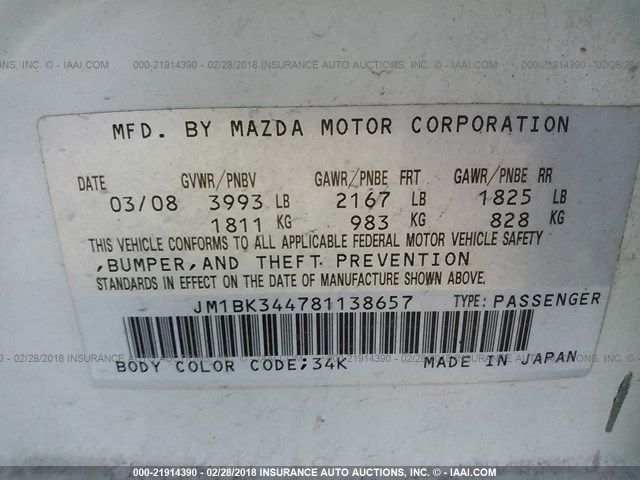 JM1BK344781138657 - 2008 MAZDA 3 HATCHBACK WHITE photo 9