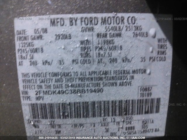 2FMDK49C38BB19490 - 2008 FORD EDGE LIMITED GRAY photo 9