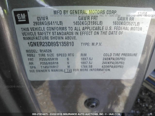 1GNER23D89S135810 - 2009 CHEVROLET TRAVERSE LT BROWN photo 9