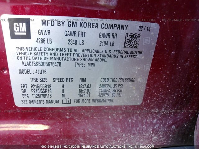 KL4CJBSB3EB676470 - 2014 BUICK ENCORE CONVENIENCE 栗色 照片 9