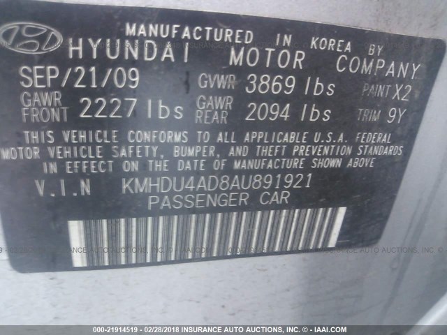 KMHDU4AD8AU891921 - 2010 HYUNDAI ELANTRA BLUE/GLS/SE SILVER photo 9