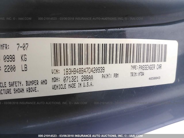 1B3HB48B67D566016 - 2007 DODGE CALIBER SXT BLUE photo 9