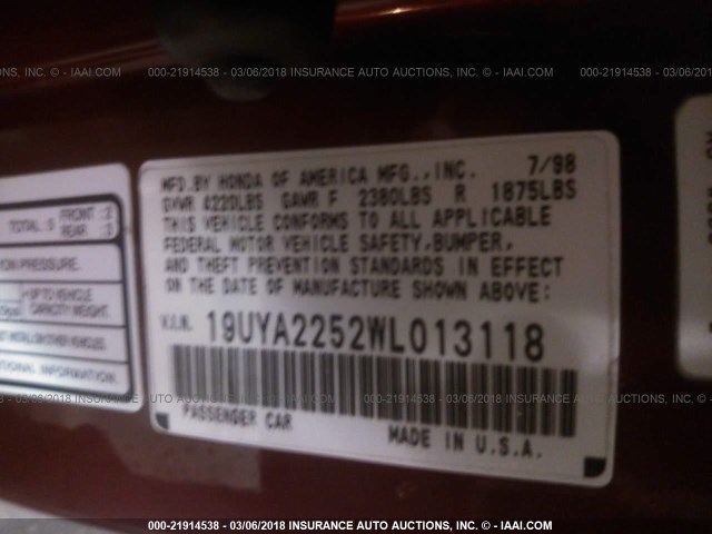 19UYA2252WL013118 - 1998 ACURA 3.0CL MAROON photo 9