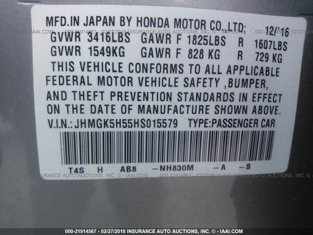 JHMGK5H55HS015579 - 2017 HONDA FIT LX SILVER photo 9