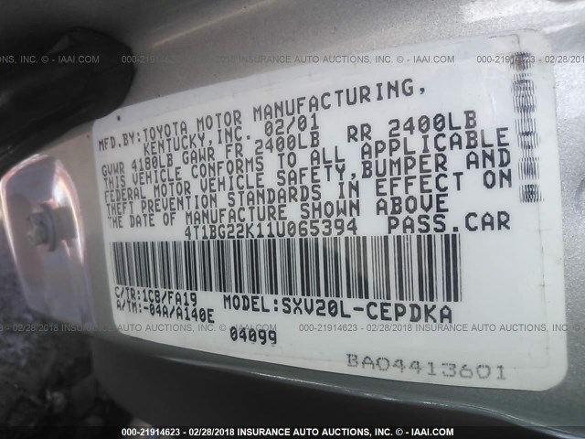 4T1BG22K11U065394 - 2001 TOYOTA CAMRY CE/LE/XLE 银色 照片 9