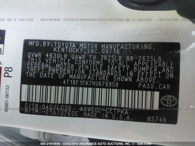 4T1BF1FK7HU678959 - 2017 TOYOTA CAMRY LE/XLE/SE/XSE WHITE photo 9