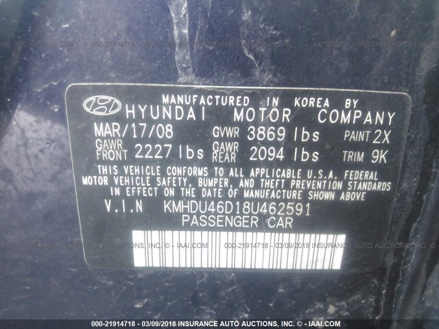 KMHDU46D18U462591 - 2008 HYUNDAI ELANTRA GLS/SE/LIMITED BLUE photo 9