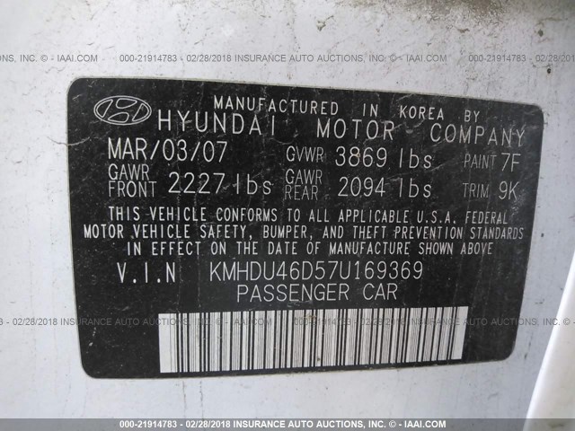 KMHDU46D57U169369 - 2007 HYUNDAI ELANTRA GLS/SE/LIMITED WHITE photo 9