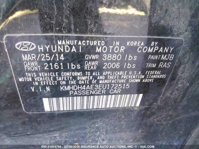 KMHDH4AE3EU172515 - 2014 HYUNDAI ELANTRA SE/SPORT/LIMITED BLACK photo 9