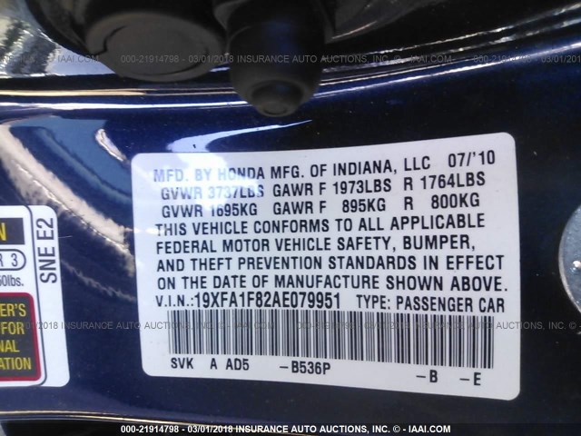 19XFA1F82AE079951 - 2010 HONDA CIVIC EX BLUE photo 9