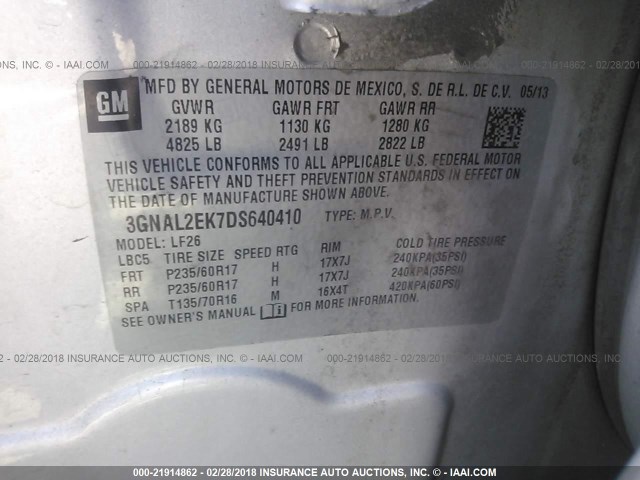 3GNAL2EK7DS640410 - 2013 CHEVROLET CAPTIVA LS 银色 照片 9