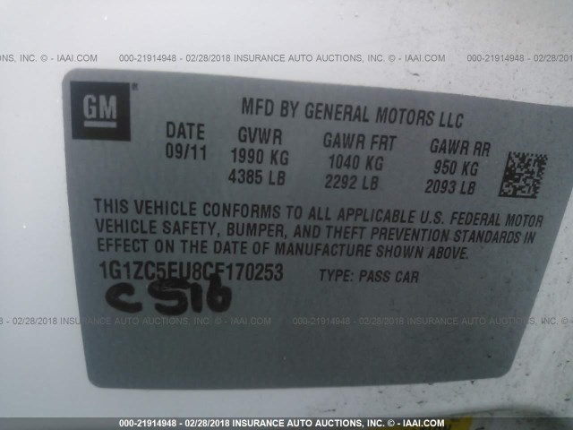 1G1ZC5EU8CF170253 - 2012 CHEVROLET MALIBU 1LT WHITE photo 9