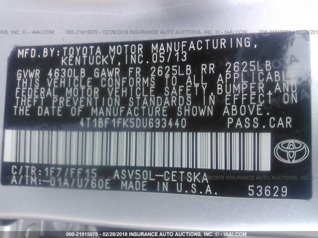 4T1BF1FK5DU693440 - 2013 TOYOTA CAMRY L/SE/LE/XLE SILVER photo 9