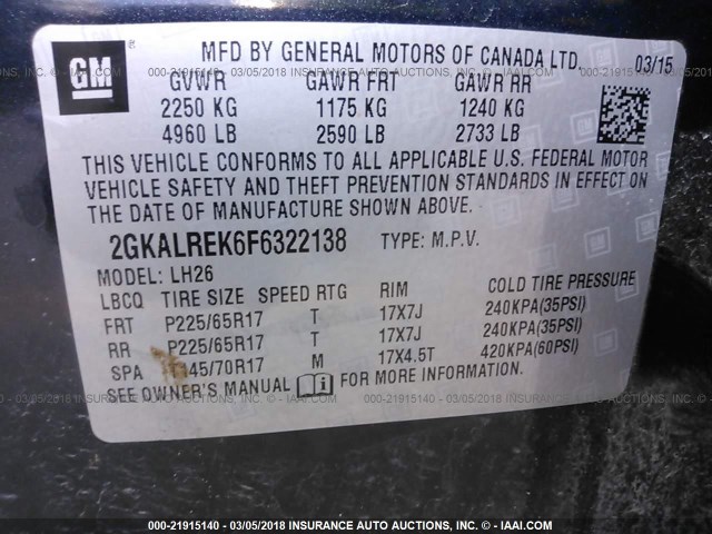 2GKALREK6F6322138 - 2015 GMC TERRAIN SLE BLACK photo 9