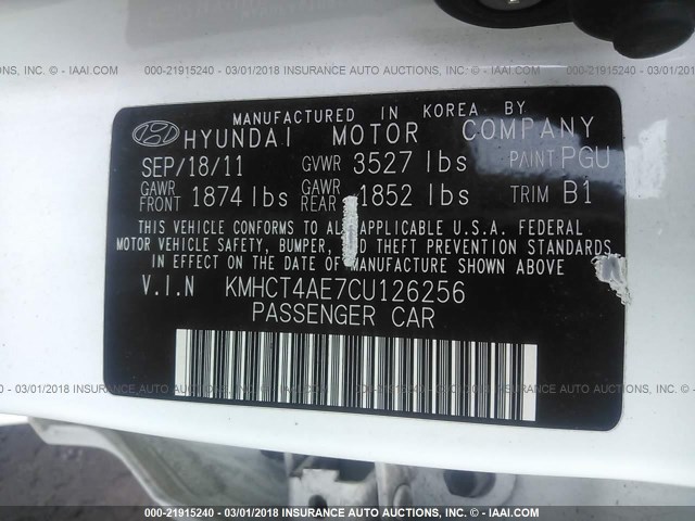 KMHCT4AE7CU126256 - 2012 HYUNDAI ACCENT GLS/GS WHITE photo 9