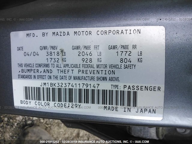 JM1BK323741179147 - 2004 MAZDA 3 S GRAY photo 9