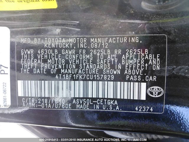4T1BF1FK7CU157829 - 2012 TOYOTA CAMRY SE/LE/XLE BLACK photo 9